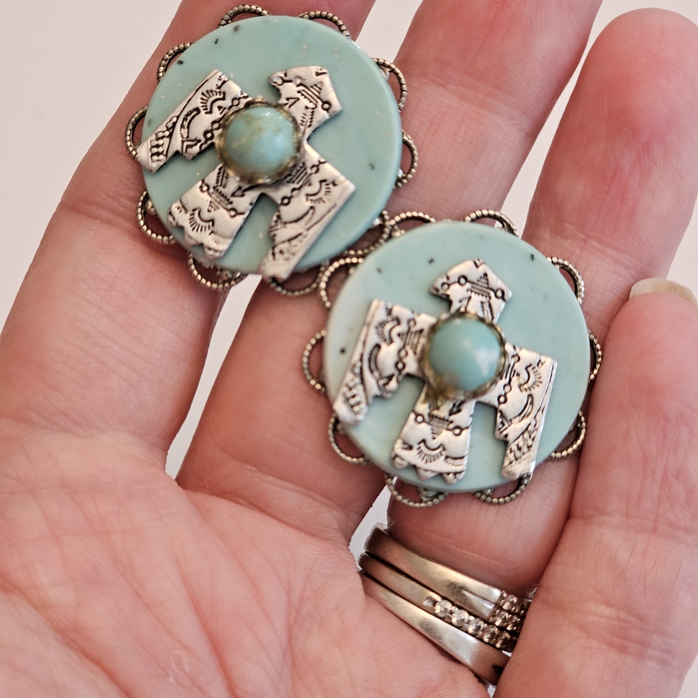 Vintage Southwestern Thunderbird Turquoise and Silver Statement Earrings
